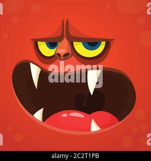 Cartoon Monster Teufel Gesicht. Vektor Halloween rot Monster Avatar mit offenem Mund mit scharfen Zähnen Stock Vektor