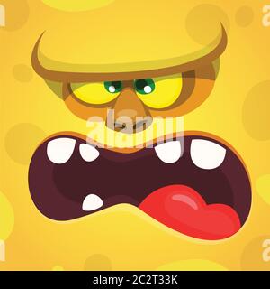 Cool Cartoon Yellow Monster Gesicht mit großen Mund. Vektor Halloween Illustration von unheimlich Zombie Monster Charakter sprechen Stock Vektor
