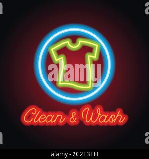 Laundry Logo für saubere und waschen Geschäft mit Neon-Licht-Effekt. vektor-Illustration Stock Vektor