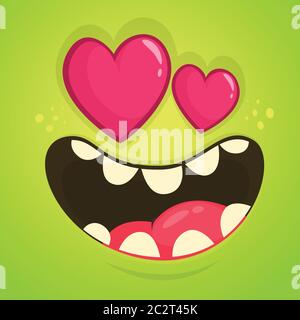 Cartoon Monster in Love mit einem Herz geformten Augen. Vektor Halloween grüne Monster Avatar für St. Valentinstag. Design für Postkartengrüße Stock Vektor
