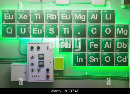 Grüner Periodentisch im chemischen Labor Stockfoto