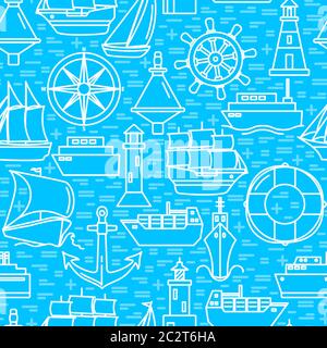 Ocean nahtlose Muster in Linie Stil mit Schiffen Symbole. Marine Reisen und Urlaub Wiederholung Hintergrund. Nautische Vektordarstellung. Stock Vektor