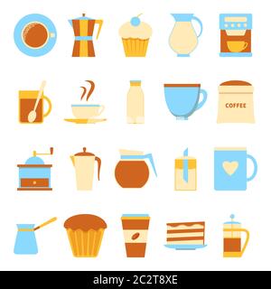 Kollektion mit Kaffeesymbolen im flachen Stil. Symbole für heiße Getränke und Desserts. Vektorgrafik. Stock Vektor