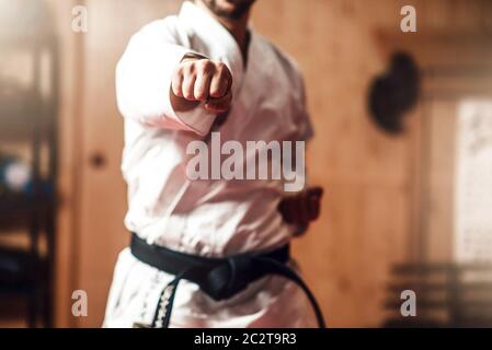 Martial Arts Karate Meister im weissen Kimono und schwarze Riemen auf Kampf Training in der Turnhalle Üben von Kata Stockfoto