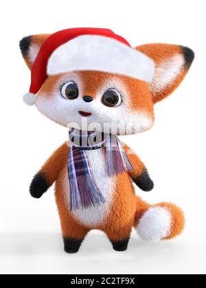 3D-Rendering von einem entzückenden niedliche happy Furry cartoon Fox trägt eine Santa Hut und Schal. Weißer Hintergrund. Stockfoto