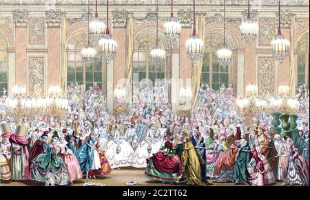 MASKENBALL IN VERSAILLES im Februar 1745 zur Feier der Hochzeit des Dauphin Louis mit Maria Teresa, Infantin von Spanien. Stockfoto