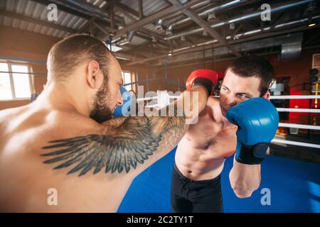 Zwei Boxer schlagen Schläge aufeinander in den Kopf. Kampftraining. Boxring auf dem Hintergrund. Stockfoto