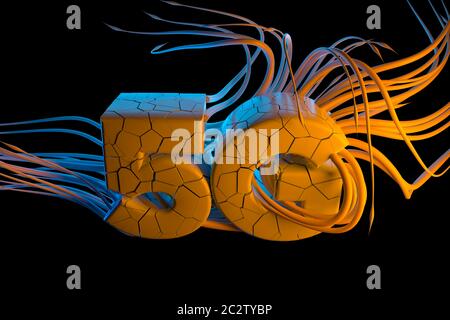 Konzeptuelles Bild von 5g-Schriftzug aus gebrochenem weißem Stein mit schrecklichen Tentakeln. 3d-Illustration Hintergrund Stockfoto