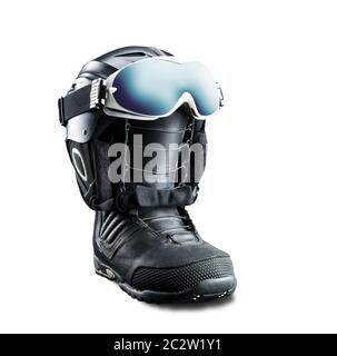 Snowboard Schuh mit Helm und Brille isoliert auf weißem Hintergrund Stockfoto