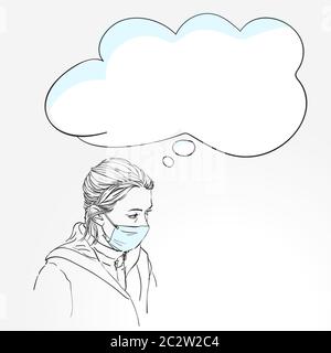 Frau trägt medizinische Gesichtsmaske, Skizze mit Gedanken Blase, handgezeichnete Vektor-Illustration Stock Vektor