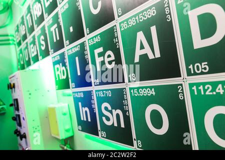 Grüner Periodentisch im chemischen Labor Stockfoto