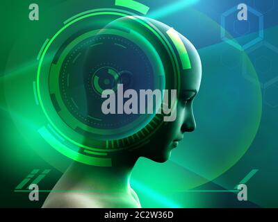 Menschlicher Kopf mit einigen High-Tech-Interface-Elementen. Digitale Illustration.