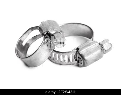 Zwei Schlauchschelle Metall isolierten auf weißen Hintergrund Stockfoto