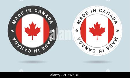 Set mit zwei kanadischen Aufklebern. Hergestellt in Kanada. Einfache Symbole mit Flags. Stock Vektor