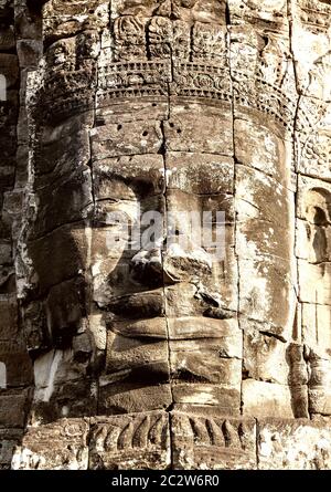 Stein-Gesicht auf die Türme des Bayon Tempel closeup Stockfoto