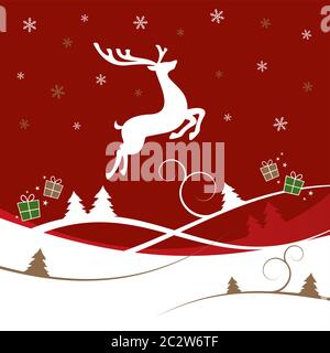 Ein rotes Schnee-Design mit Rentieren und Geschenkboxen. Stock Vektor