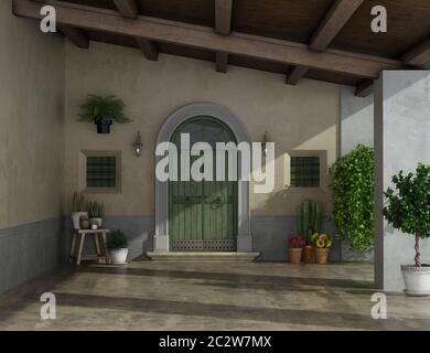 Alte Halle ein Landhaus mit großem Eingang, zwei kleine Fenster und Decke aus Holz - 3D-Rendering Stockfoto