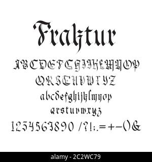 Vintage Gothic Schrift Vektor Illustration. Set von einzigartigen dekorativen schwarzen Großbuchstaben und kleinen kalligraphischen Buchstaben, Zahlen, Symbole und SIG Stock Vektor