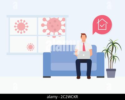 Bleib Zu Hause Schütze Dich. Männer, die zu Hause arbeiten. Coronavirus draußen. Coronavirus Quarantänekonzept. Stock Vektor