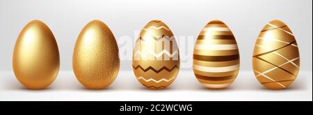 Golden Eggs realistische Vektor-Set-Illustration. Leuchtende Ostereier aus Gold Metall mit eleganten Muster verziert, festliches Geschenk mit Schatten isoliert o Stock Vektor