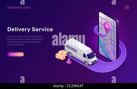 Mobile Delivery Service Online-App, Vektor isometrisches Konzept. Handy-Bildschirm mit Karte und gps-Schild, Straße und Minivan mit Paketen. Versandweg Stock Vektor