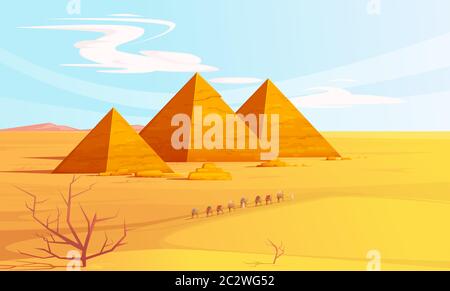 Wüstenlandschaft mit ägyptischen Pyramiden und Kamelen Wohnwagen, Cartoon-Vektor-Illustration. Heiße goldene Sanddünen mit Pyramiden am Horizont und beduinen w Stock Vektor
