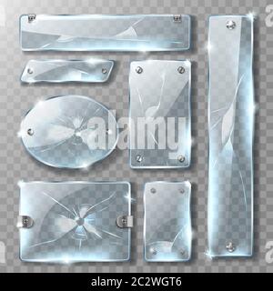 Zerrissene Glasbanner oder -Platte mit Metallhalterung und Schrauben, realistische Vektorabbildungen. Blank gebrochene blaue Acrylglasscheibe mit Stahlverschluss und Stock Vektor