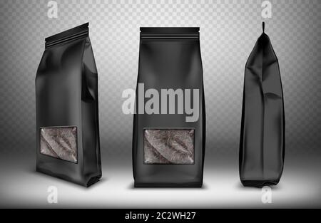Schwarze leere Kunststoff-oder Folienverpackung Snack-Tasche mit transparenten Fenster realistische Vektor. Beutel oder Beutel für Tee, Süßigkeiten und Kaffee, Vorder- und Seitenansicht isol Stock Vektor