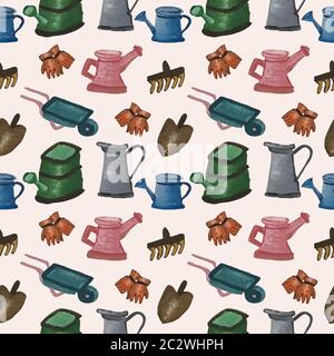 Farbenfrohe Gartenelemente in einem nahtlosen Musterdesign Stockfoto