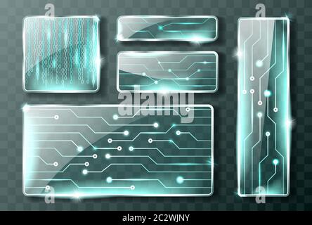 Glas Technologie Mikro Schaltung Banner, realistische Vektor-Set. Transparente Glasscheiben mit Metallbahnen und Chromrahmen, rechteckige glänzende Platten w Stock Vektor