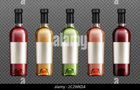 Weinglasflaschen mit roten, grünen, goldenen und rosa Flüssigkeit realistische Vektor-Illustration. Klare Weinflasche für Alkohol, mit Kork und blank verschlossen Stock Vektor