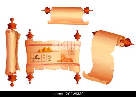 Alte Ägypten Papyrus Scroll Cartoon Vektor-Set, leer und mit Hieroglyphen und ägyptische Kultur religiöse Symbole, alte Sphinx und pharao Pyramide Stock Vektor