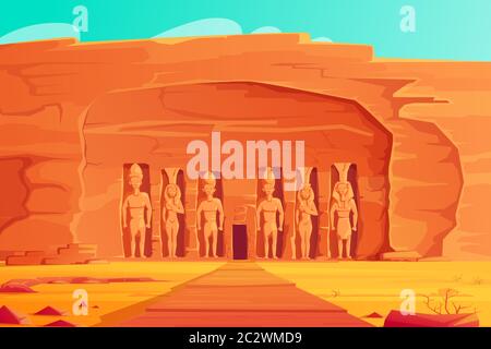 Altes Ägypten, Abu Simbel kleiner Tempel, Cartoon-Vektor-Illustration. Rock geschnitzte Tempelfassade mit riesigen Figuren pharao Ramses und seine Frau Nefertar Stock Vektor