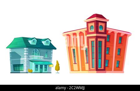 Urban Retro Gebäude Cartoon Vektor-Set Illustration. Alte Wohn- und Regierungsgebäude mit Shop oder Cafe im unteren Stock, isoliert auf weißem Bac Stock Vektor
