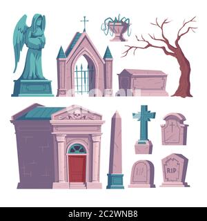 Friedhofssymbole, Grabstein mit RIP-Inschrift, Cartoon-Vektor. Grabsteine mit Kreuz, Engelsfigur, Beinhaus oder Krypta und Sarkophag oder Sarg, ha Stock Vektor
