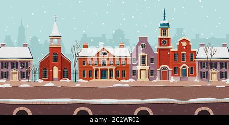 Urban Straße Winter Landschaft 18. Jahrhundert mit Wohn-, Regierung und Kirche Kolonialgebäude mit weißem Schnee, Retro-Cartoon-Vektor-Hintergrund Stock Vektor