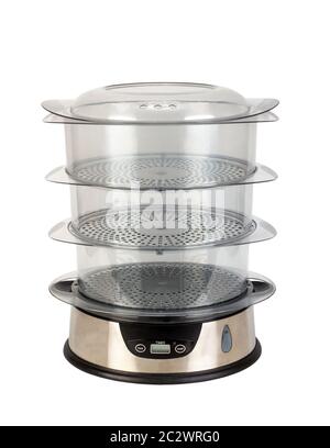 Küchengerät Dampfgarer für Lebensmittel mit drei transparente Behälter auf einem weißen Hintergrund. Stockfoto