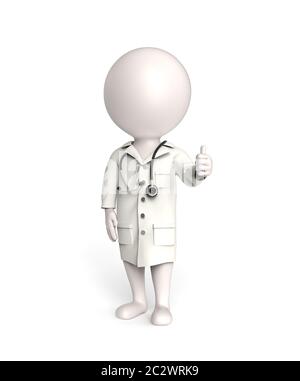 3D kleine weiße Person steht als Arzt zeigt Daumen nach oben Stockfoto