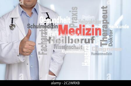 / Arzt Wissenschaft (im deutschen Medizin Arzt Wissenschaft) Word cloud Konzept und Arzt mit Daumen hoch und Arzt mit Daumen nach oben. Stockfoto