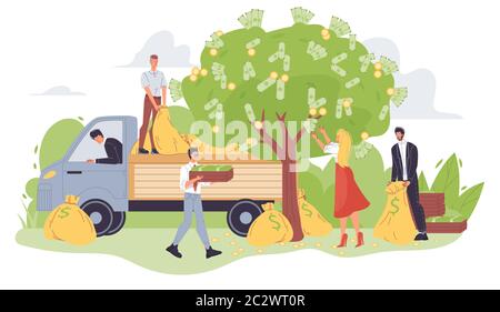 Ernte von Menschen, die Geld vom grünen Baum pflücken Stock Vektor