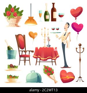 Romantisches Abendessen am Valentinstag für Paare. Vektor Cartoon Satz von Restaurant-Möbel, Blumen, Weinflaschen, Kerzen auf dem Tisch und Kellner isoliert Stock Vektor