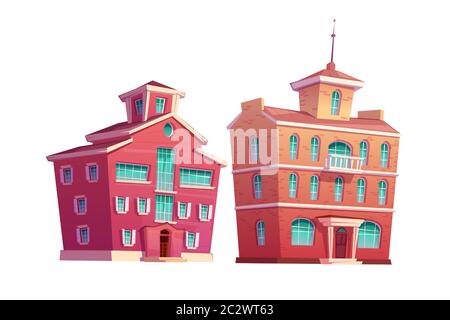 Urban Retro Gebäude Cartoon Vektor-Set Illustration. Alte Wohn-und Regierung roten Backstein mehrstöckigen Gebäuden, isoliert auf weißem Hintergrund Stock Vektor