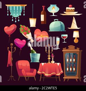 Romantisches Abendessen am Valentinstag für Paare. Vektor Cartoon Set von Restaurant-Möbel, Blumen, Weinflaschen und Gläser, Kerzen und Herzform b Stock Vektor