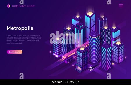 Smart City Metropolis isometrische Landing Page, futuristische Stadt mit U-Bahn-Transport und Autos, die zwischen hohen Wolkenkratzern auf Neon-Glow fahren Stock Vektor