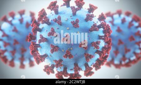 Coronavirus, eine Gruppe von Viren, die bei Säugetieren und Vögeln Krankheiten verursachen. Beim Menschen verursacht das Virus Atemwegsinfektionen. 3D-Abbildung. Stockfoto