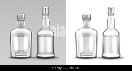 Glasflaschen verschiedene Formen gesetzt. Wodka, Rum, Whiskey Alkoholgetränke leere Flaschen Designvorlage, fotorealistischer Mockup isoliert auf transparent und w Stock Vektor