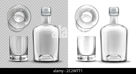Flasche und Glas seitlich und von oben. Leere leere Flasche für Alkohol trinken Design-Vorlage Mockup isoliert auf transparentem und weißem Hintergrund. Stock Vektor