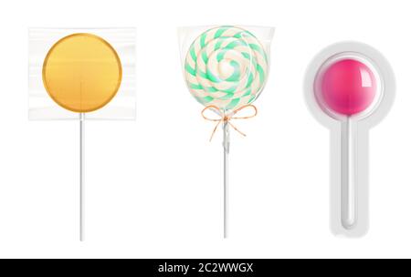 Lollipop Bonbons in transparenter Plastikverpackung isoliert auf weißem Hintergrund. Vektor realistische Mockup von runden Karamell auf Stick in durchsichtiger Verpackung. Symbole o Stock Vektor