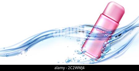 Kosmetische feuchtigkeitsspendende Schönheit Produkt in Wasser fließen realistische Vektor. Rosa elegante Flasche für weibliche Deodorant, Wärmelotion für empfindliche Hautpflege Stock Vektor