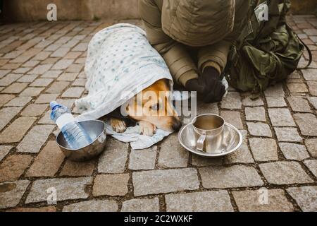 Soziale Themen. Ein Bettler Bettler, der mit einem Hund in einer Decke bettelt, um in der Stadt Prag um Hilfe zu bitten, ist winterkalt. Empt Stockfoto